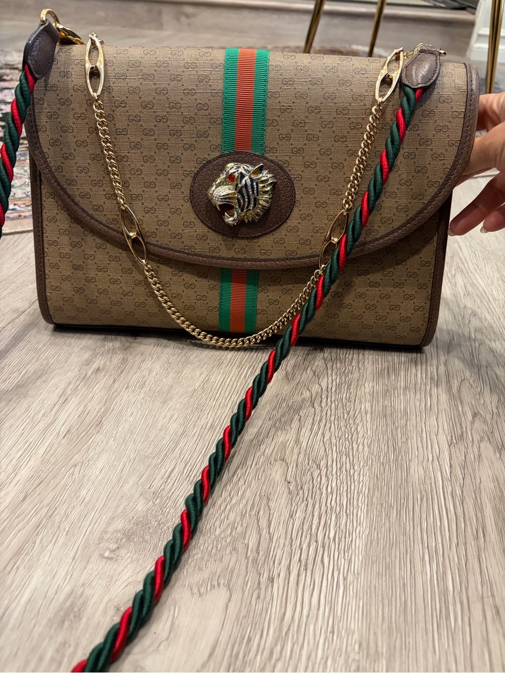 Gucci Brown Monogram Shoulder Bag with Green and Red Stripe